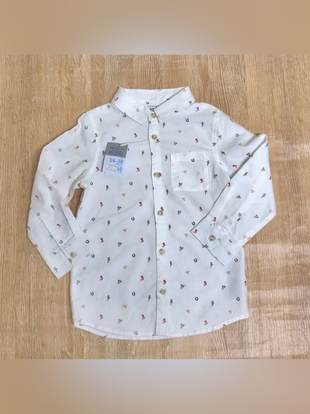 Primark Baby Boy Western Button-Down Shirt | White Cowboy Print | Size 9-12 M